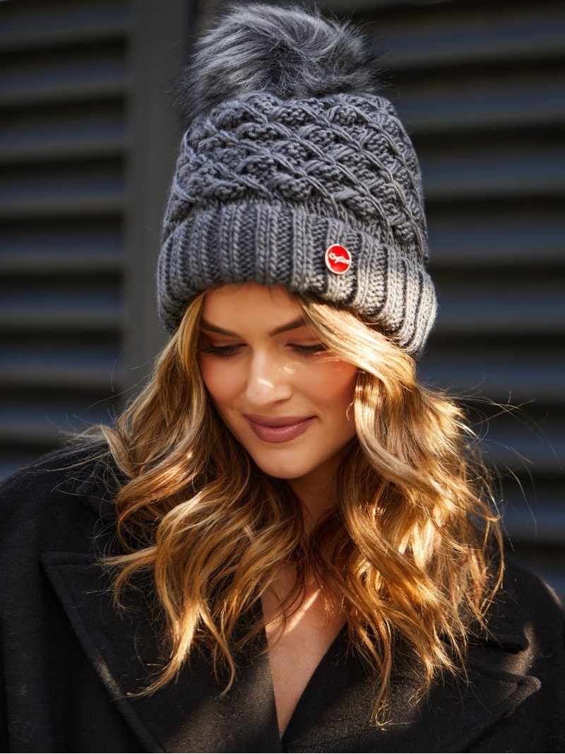 Warm winter hat with a pompom, graphite C37 - Online store - Boutique